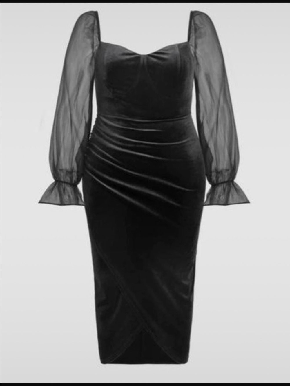 Cider Black Velvet Midi Dress with Sheer Puff Sleeves